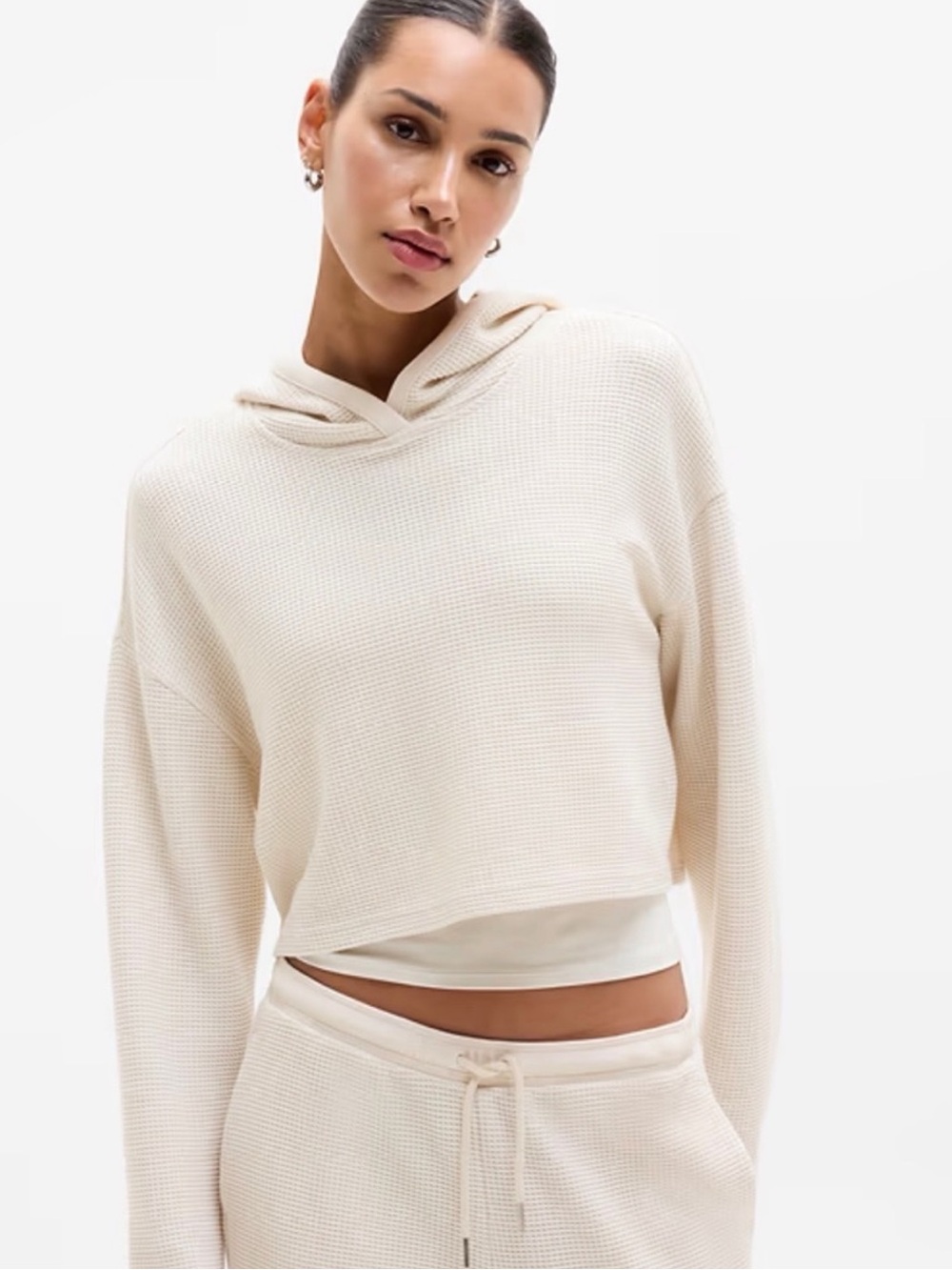 Athleta Cream Tranquil Waffle-Knit Cropped Hoodie Bone